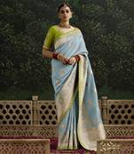 Sequins embroidered border work dola silk aqua blue saree