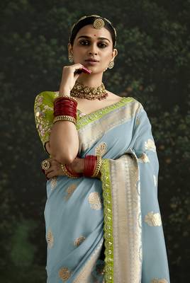 Sequins embroidered border work dola silk blend aqua blue saree 2