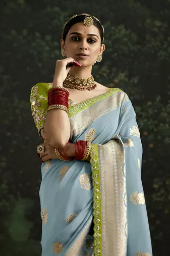 Sequins embroidered border work dola silk blend aqua blue saree