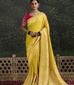 Sequins embroidered border work dola silk yellow saree