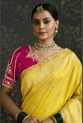 Sequins embroidered border work dola silk blend yellow saree 2