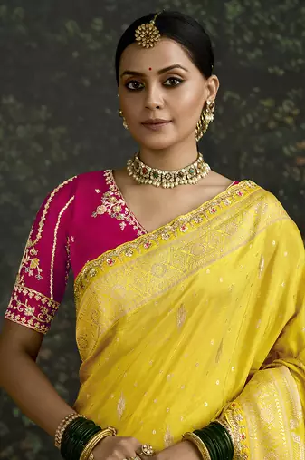 Sequins embroidered border work dola silk blend yellow saree