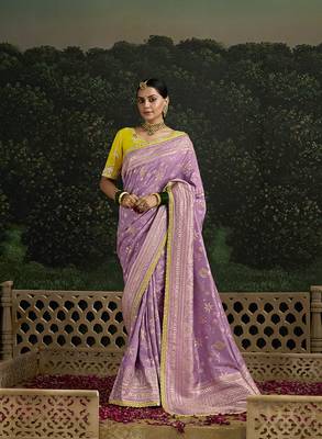 Sequins embroidered border work dola silk blend lilac saree 1