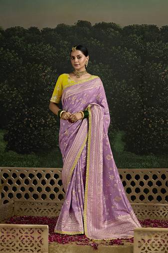 Sequins embroidered border work dola silk lilac saree