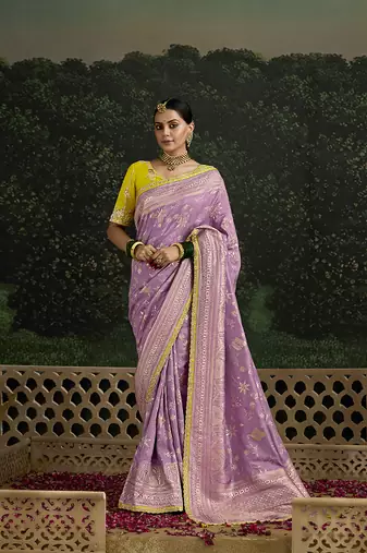Sequins embroidered border work dola silk lilac saree