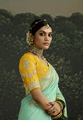 Sequins embroidered border work dola silk blend turquoise saree 2