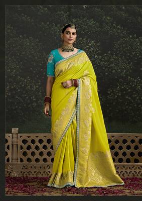 Sequins embroidered border work dola silk blend light olive green saree 1