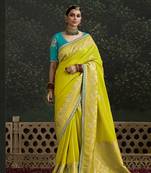 Sequins embroidered border work dola silk light olive green saree