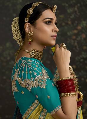 Sequins embroidered border work dola silk blend light olive green saree 2