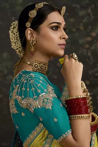 Sequins embroidered border work dola silk blend light olive green saree