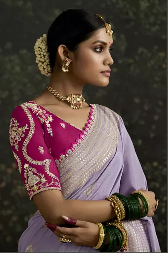 Sequins embroidered border work dola silk blend lavender saree