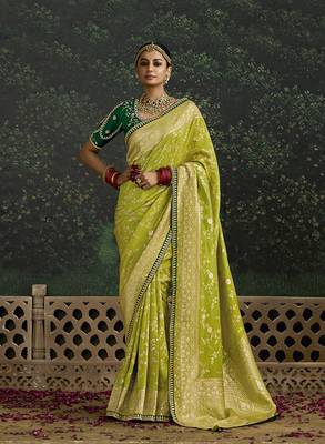 Sequins embroidered border work dola silk blend pear saree 1