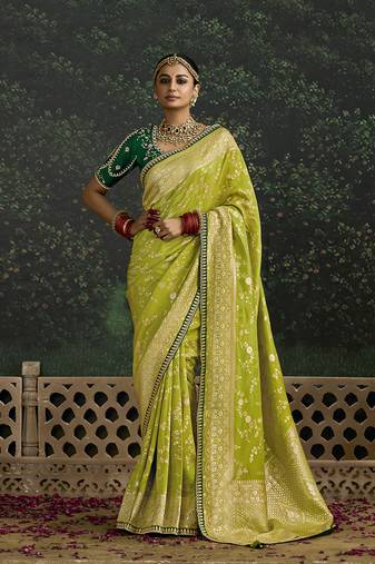 Sequins embroidered border work dola silk pear saree