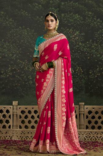 Sequins embroidered border work dola silk crimson saree