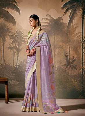 silk blend floral pattern zari work lavender saree 1
