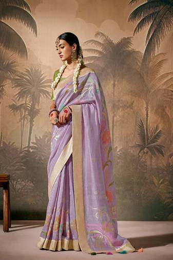 Silk floral pattern zari work lavender saree