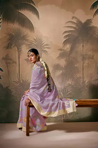 silk blend floral pattern zari work lavender saree
