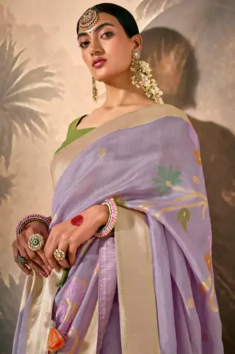 silk blend floral pattern zari work lavender saree