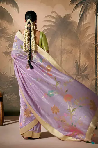 silk blend floral pattern zari work lavender saree
