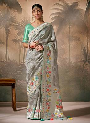 silk blend floral pattern zari work grey saree 1