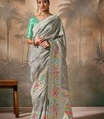 Silk floral pattern zari work grey saree
