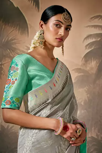 silk blend floral pattern zari work grey saree