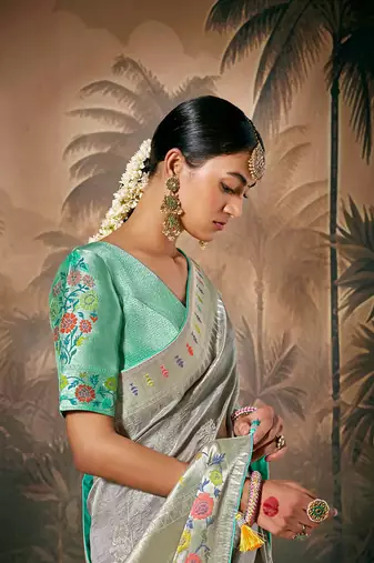 silk blend floral pattern zari work grey saree