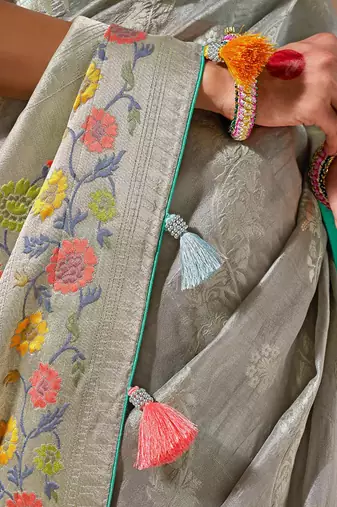 silk blend floral pattern zari work grey saree