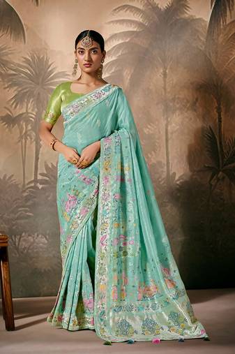 Silk floral pattern zari work aqua blue saree