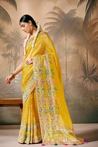 Silk floral pattern zari work mustard saree