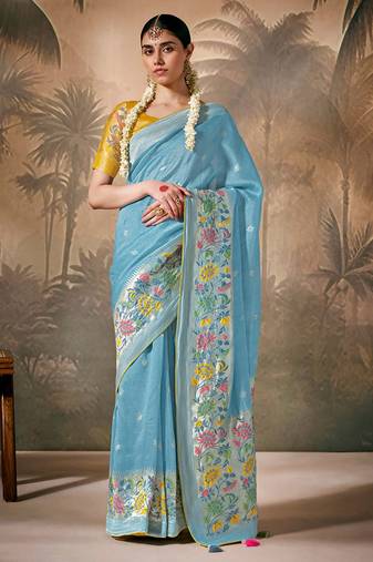 Silk floral pattern zari work sky blue saree