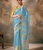 Silk floral pattern zari work sky blue saree