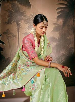 silk blend floral pattern zari work light green saree 2
