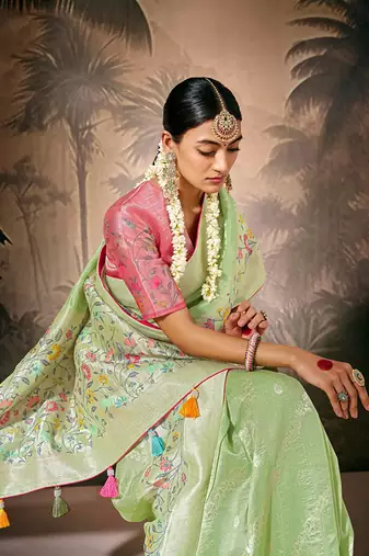 silk blend floral pattern zari work light green saree