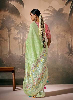 silk blend floral pattern zari work light green saree 3