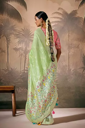 silk blend floral pattern zari work light green saree