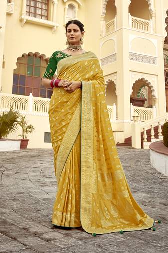 Mustard yellow designer dola silk saree