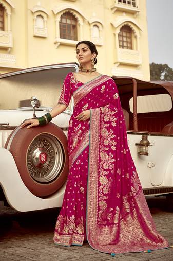 Rani pink banarasi weaving dola silk saree
