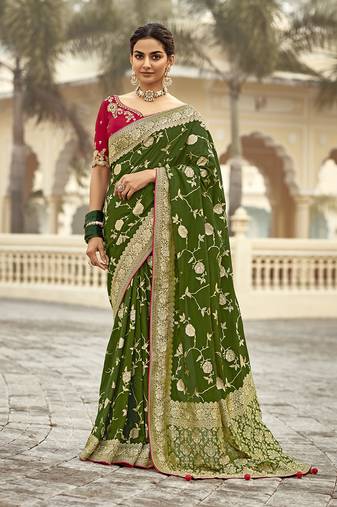 Dark green banarasi weaving dola silk saree