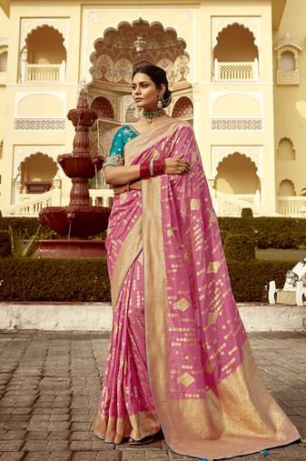 Rose pink dola silk saree with heavy zari weaving
