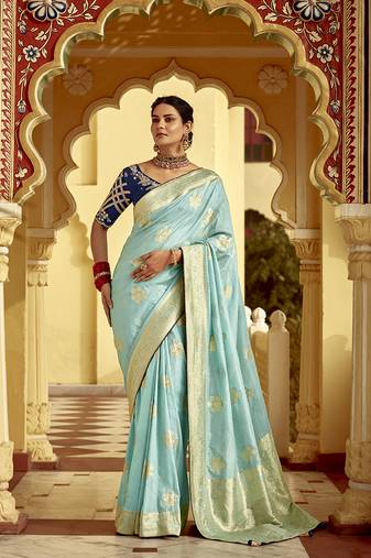 Sky blue banarasi weaving dola silk saree