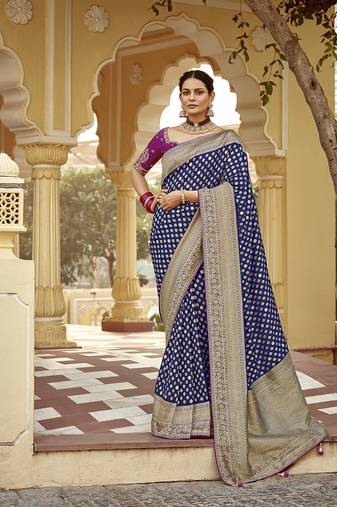 Navy blue banarasi weaving dola silk saree