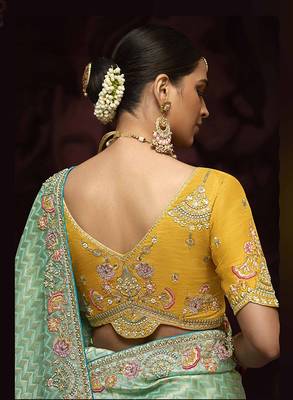 Aqua blue kanjivaram silk blend Zari Weaving Embroidered Border Work saree 2