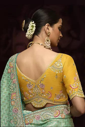 Aqua blue kanjivaram silk blend Zari Weaving Embroidered Border Work saree