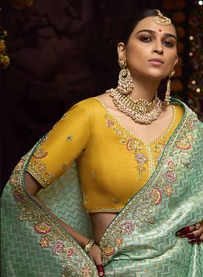 Aqua blue kanjivaram silk blend Zari Weaving Embroidered Border Work saree 3