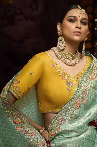 Aqua blue kanjivaram silk blend Zari Weaving Embroidered Border Work saree