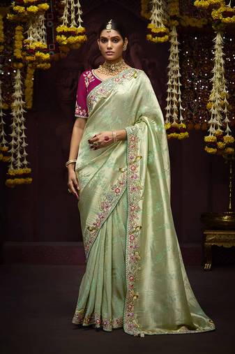 Embroidered bead sea green saree