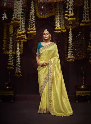 Yellow Kanjivaram silk blend Zari Weaving Embroidered Border Work saree 1