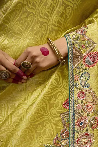 Yellow Kanjivaram silk blend Zari Weaving Embroidered Border Work saree