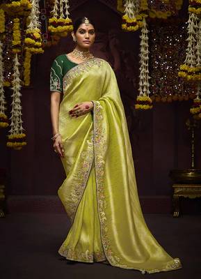 Green Kanjivaram silk blend Zari Weaving Embroidered Border Work saree 1